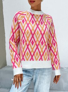 SHEIN Essnce Argyle Pattern Mock Neck Raglan Sleeve Jumper