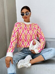 SHEIN Essnce Argyle Pattern Mock Neck Raglan Sleeve Jumper