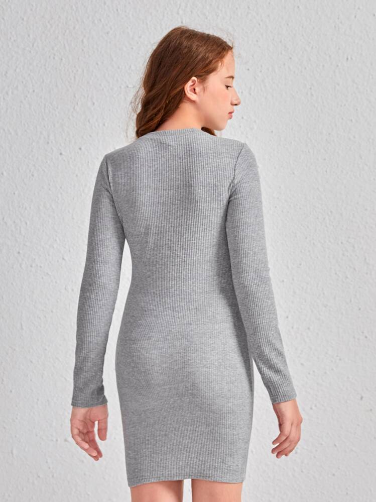 SHEIN גזור רקמה צלעות-סרוג פשוט קז'ואל שמלה לבנות - אפור - ראה 2