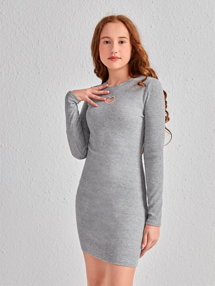 SHEIN גזור רקמה צלעות-סרוג פשוט קז'ואל שמלה לבנות - אפור - ראה 3