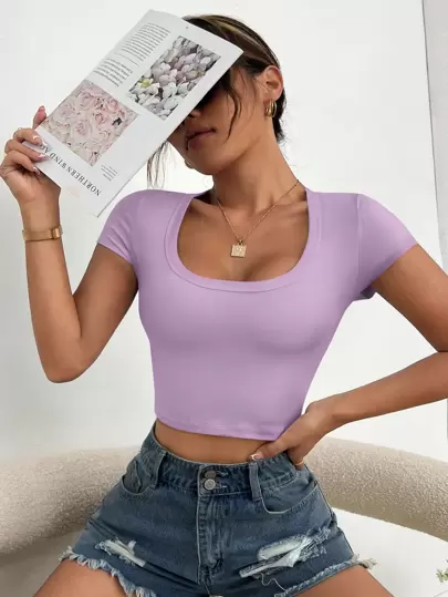 SHEINEZwearSolidScoopNeckCropTee - Popular on SHEIN