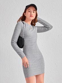 SHEIN 青少年女孩愛心鏤空緊身連衣裙 - 灰色 - 查看 4