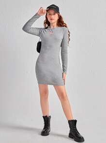 SHEIN 青少年女孩愛心鏤空緊身連衣裙 - 灰色 - 查看 6