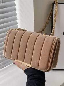 Lightweight, Portable Casual, Fashion Minimalist Flap Chain Velvet Square Bag For Girls, Women, College Students, Rookies & White-Collar Workers For Autumn & Winter, Warm Winter, For Fall, Winter Essential - Khaki - View 3