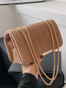 Lightweight, Portable Casual, Fashion Minimalist Flap Chain Velvet Square Bag For Girls, Women, College Students, Rookies & White-Collar Workers For Autumn & Winter, Warm Winter, For Fall, Winter Essential - Khaki - View 4
