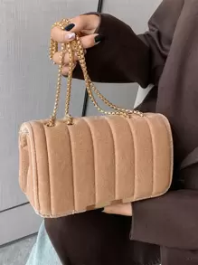 Lightweight, Portable Casual, Fashion Minimalist Flap Chain Velvet Square Bag For Girls, Women, College Students, Rookies & White-Collar Workers For Autumn & Winter, Warm Winter, For Fall, Winter Essential - Khaki - View 6