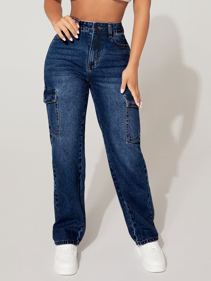 SHEIN PETITE 女式工装口袋直筒休闲牛仔裤，女式阔腿牛仔裤，高腰宽松直筒牛仔裤，Y2K - 深色水洗藍 - 查看 1