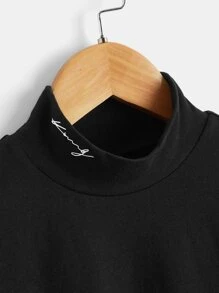 SHEIN 男孩字母刺繡高領T恤 - 黑色 - 查看 3