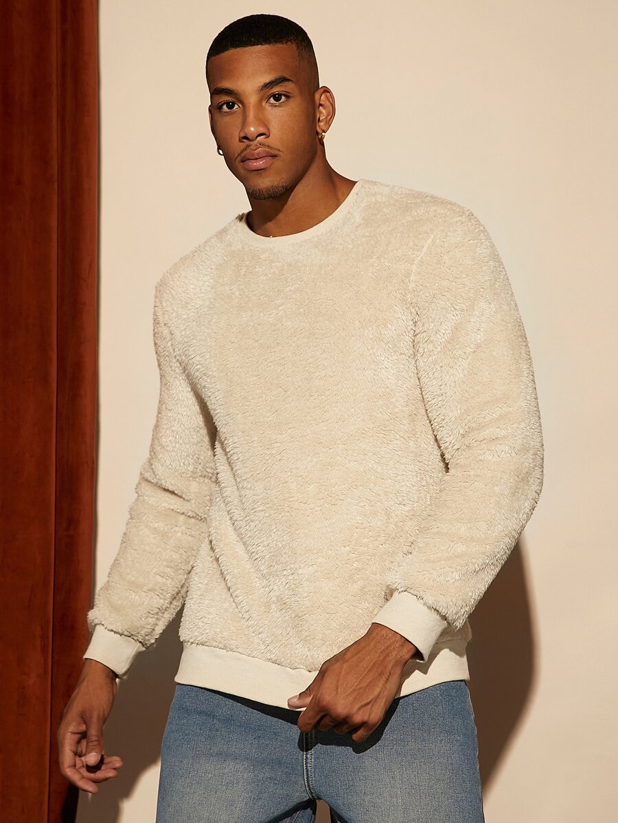 Manfinity Men Solid Round Neck Teddy Pullover - Khaki - View 1