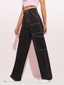 SHEIN EZwear High Waist Side Pocket Jeans - Black - View 3