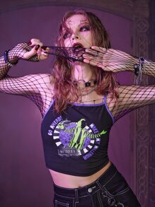 Beetlejuice | ROMWE Cami con letra con estampado de dibujos animados ringer - Negro - Ver 1
