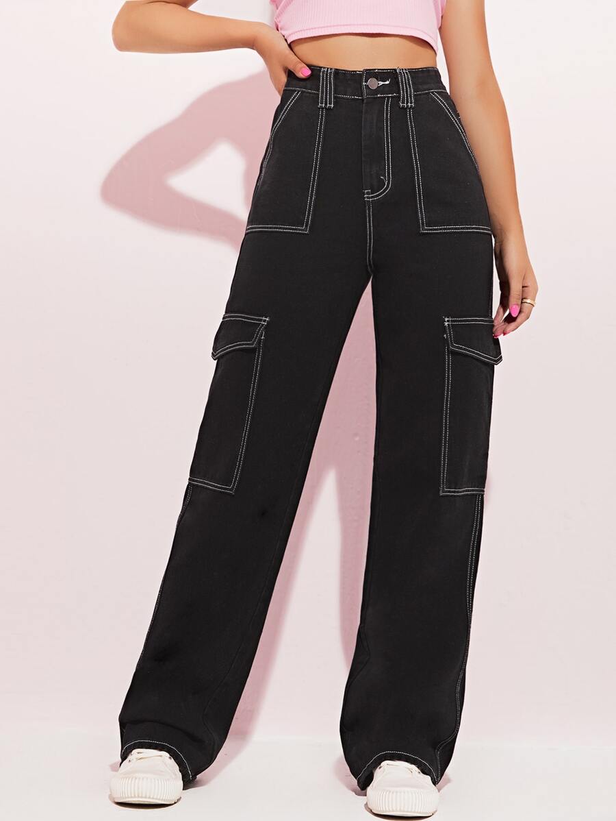 SHEIN EZwear High Waist Side Pocket Jeans - Black - View 1