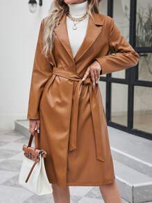 SHEIN Privé Lapel Neck Belted PU Leather Coat - Brown - View 1