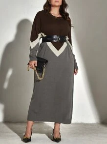 Mulvari Plus Chevron Pattern Drop Shoulder Jumper Dress Without Belt - Coffee Brown - View 1