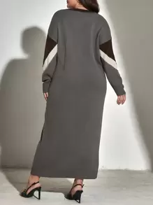 Mulvari Plus Chevron Pattern Drop Shoulder Jumper Dress Without Belt - Coffee Brown - View 2