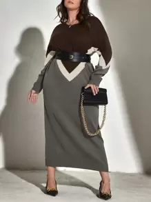 Mulvari Plus Chevron Pattern Drop Shoulder Jumper Dress Without Belt - Coffee Brown - View 3