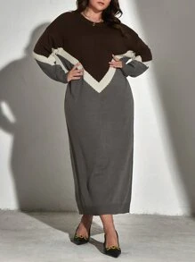 Mulvari Plus Chevron Pattern Drop Shoulder Jumper Dress Without Belt - Coffee Brown - View 4