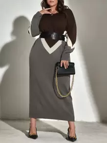 Mulvari Plus Chevron Pattern Drop Shoulder Jumper Dress Without Belt - Coffee Brown - View 5