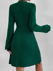 Chiquease Vestido de punto de cuello alto de manga farol tejido de cable - Verde Oscuro - Ver 2