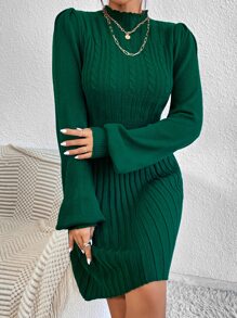 Chiquease Vestido de punto de cuello alto de manga farol tejido de cable - Verde Oscuro - Ver 4