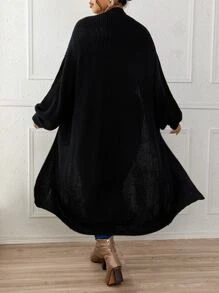 SHEIN LUNE áo hở cổ kích thước lớn Túi màu trơn Giải trí - màu đen - Xem 3