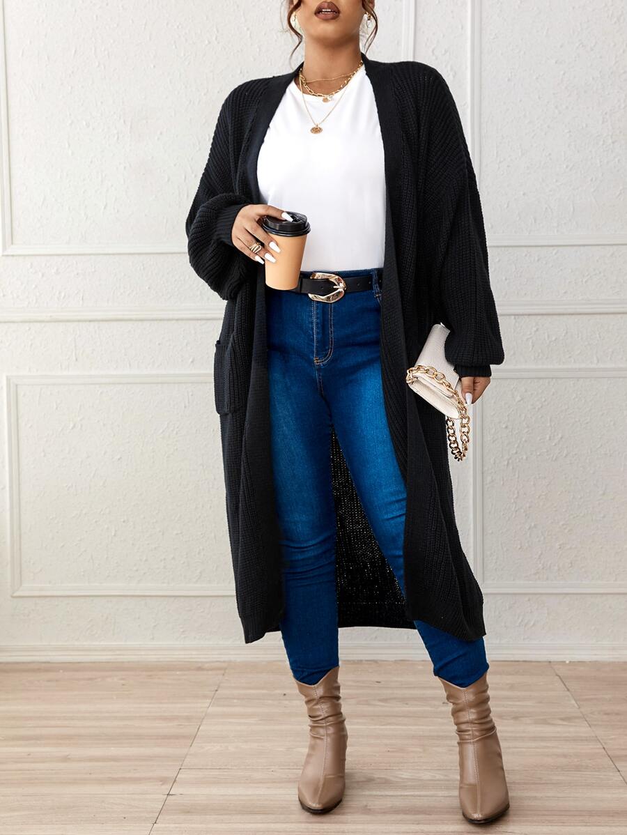 SHEIN LUNE áo hở cổ kích thước lớn Túi màu trơn Giải trí - màu đen - Xem 1