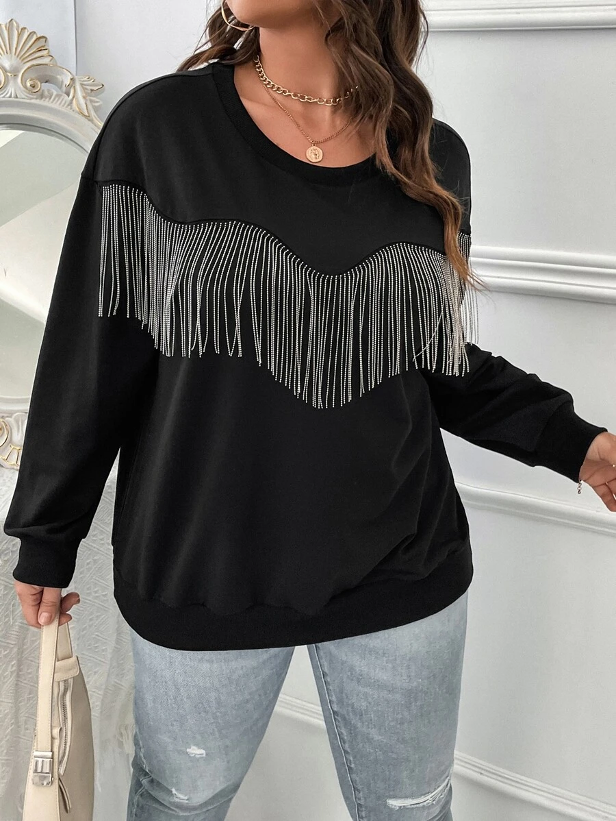 SHEIN LUNE Plus Fringe Trim Drop Shoulder Sweatshirt - Black - View 1