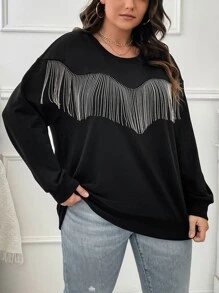 SHEIN LUNE Plus Fringe Trim Drop Shoulder Sweatshirt - Black - View 3