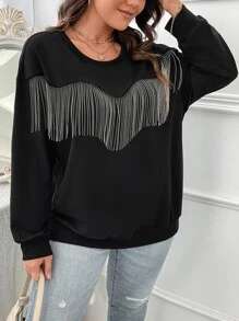 SHEIN LUNE Plus Fringe Trim Drop Shoulder Sweatshirt - Black - View 5