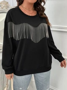 SHEIN LUNE Plus Fringe Trim Drop Shoulder Sweatshirt - Black - View 6