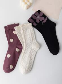 3 pares Calcetines de tripulación con corazón & con patrón floral - Multicolor - Ver 1