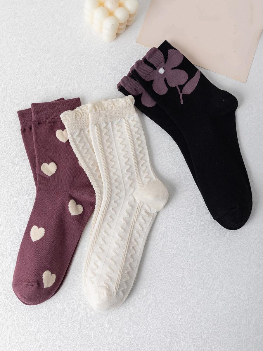3 pares Calcetines de tripulación con corazón & con patrón floral - Multicolor - Ver 1