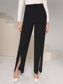 Modelyn Pearl Beaded Split Hem Trousers - Black - View 1