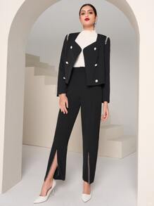 Modelyn Pearl Beaded Split Hem Trousers - Black - View 3