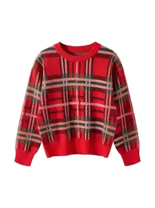 Girls Tartan Pattern Drop Shoulder Jumper - Red - View 1