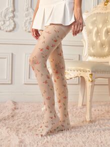 ROMWE Floral Pattern Tights - White - View 4
