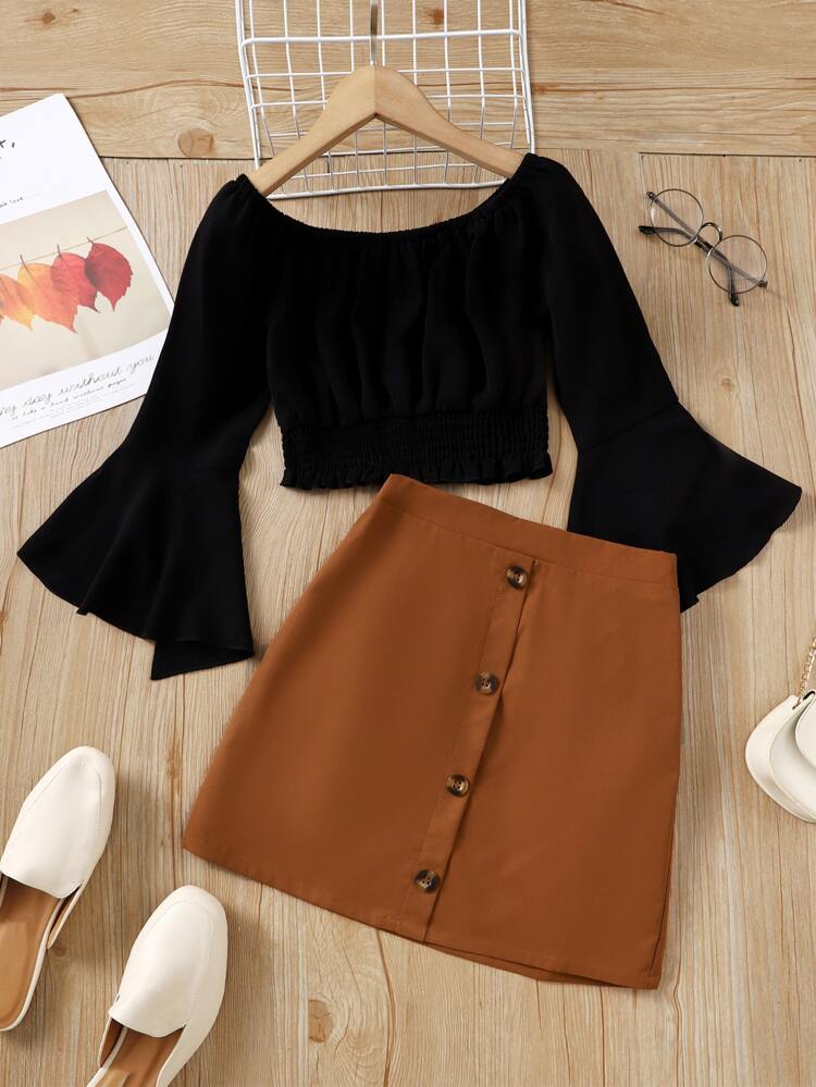 Tween Girl Flounce Sleeve Shirred Hem Blouse & Fake Button Skirt