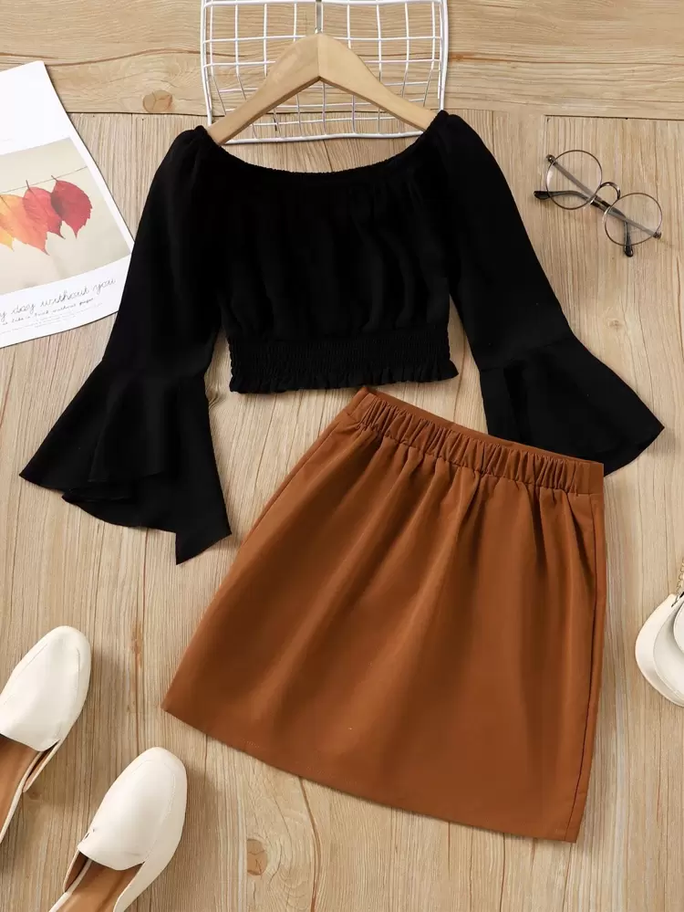 Tween Girl Flounce Sleeve Shirred Hem Blouse & Fake Button Skirt