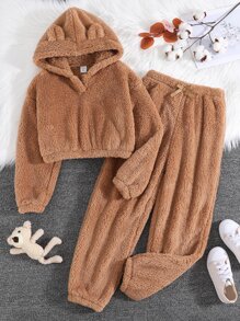 中學生女孩實色3d耳朵設計泰迪熊連帽衫和褲子 - 棕色 - 查看 1