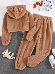 中學生女孩實色3d耳朵設計泰迪熊連帽衫和褲子 - 棕色 - 查看 2
