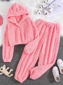 SHEIN 青少年女孩實心 3d 兔耳設計泰迪毛衣帽衫和褲子 - 粉色 - 查看 1