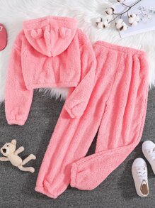 SHEIN 青少年女孩實心 3d 兔耳設計泰迪毛衣帽衫和褲子 - 粉色 - 查看 2