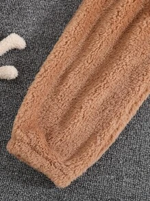 中學生女孩實色3d耳朵設計泰迪熊連帽衫和褲子 - 棕色 - 查看 5