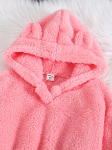 SHEIN 青少年女孩實心 3d 兔耳設計泰迪毛衣帽衫和褲子 - 粉色 - 查看 4
