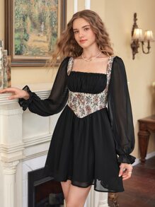 SHEIN MOD Flounce Sleeve Ruched Bust Floral Print 2 In 1 Dress - Black - View 2