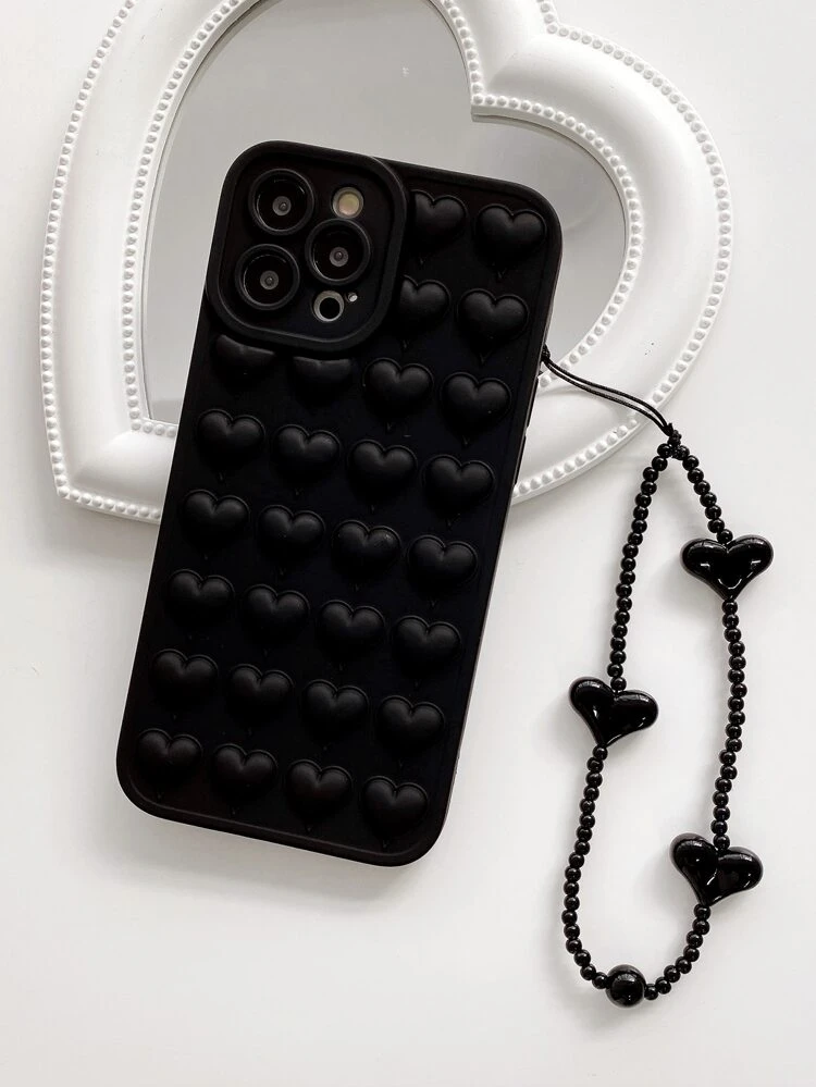 Solid Color Heart Shaped Phone Case With Strap Compatible With Apple