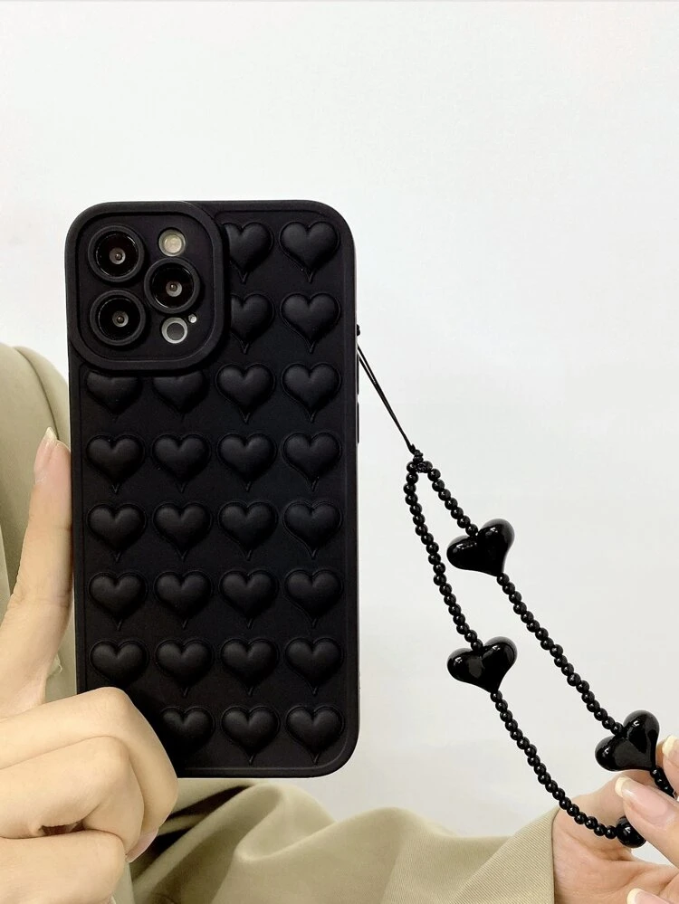 Solid Color Heart Shaped Phone Case With Strap Compatible With Apple