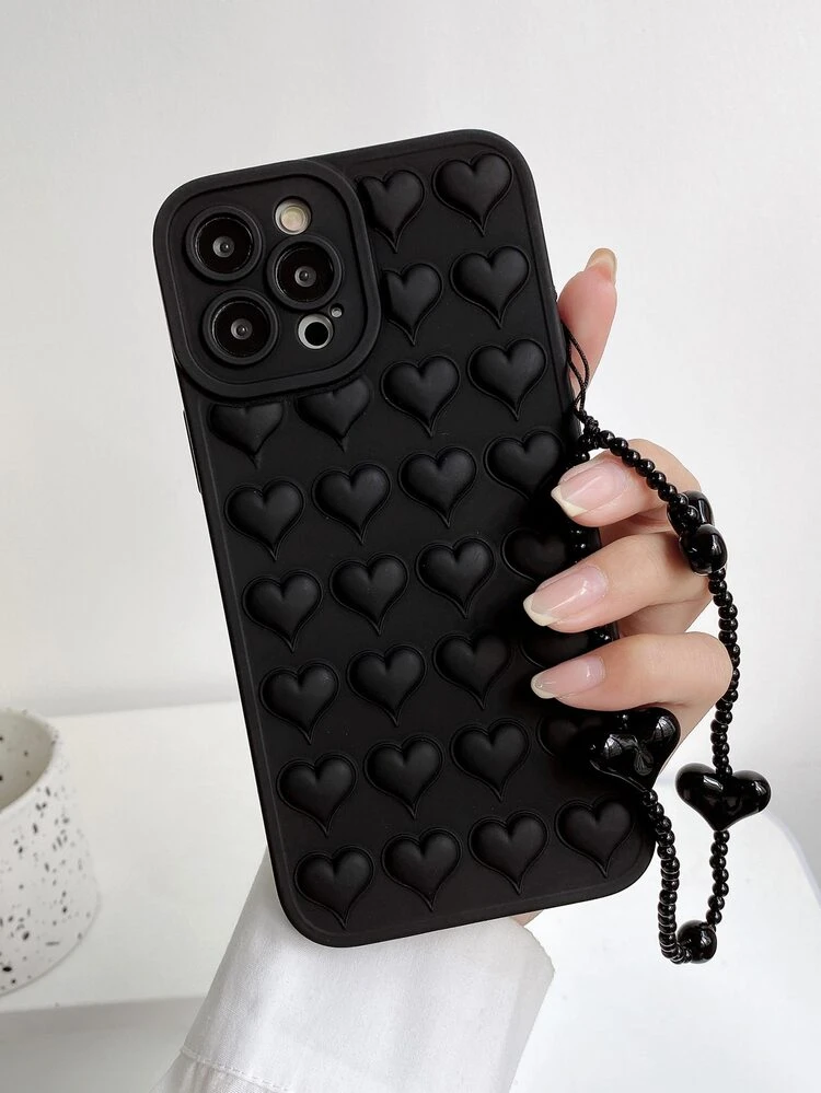Solid Color Heart Shaped Phone Case With Strap Compatible With Apple