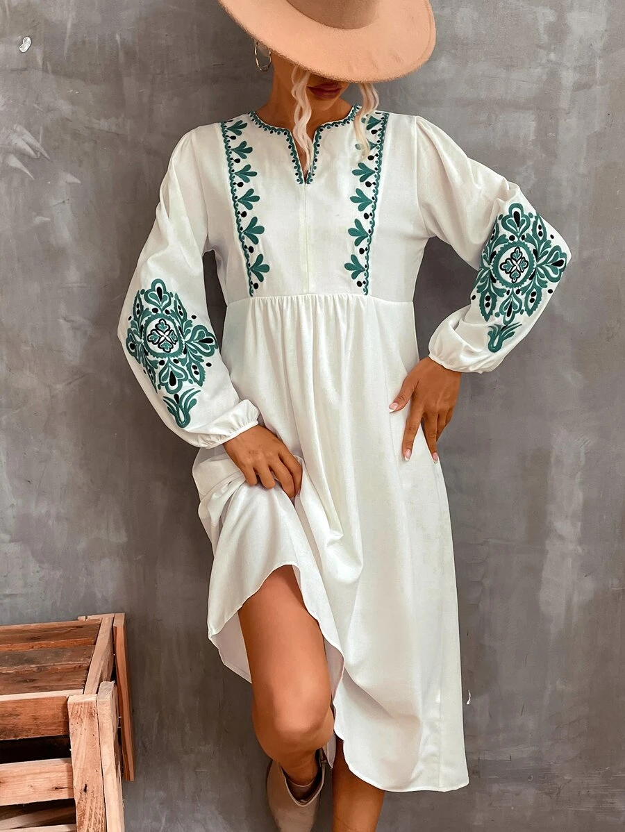 GENKIRA Floral Embroidery Notched Neckline Lantern Sleeve Dress - Beige - View 1