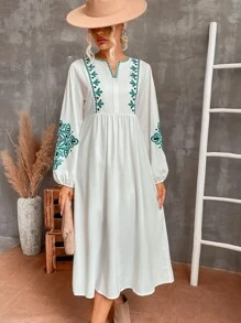 GENKIRA Floral Embroidery Notched Neckline Lantern Sleeve Dress - Beige - View 3
